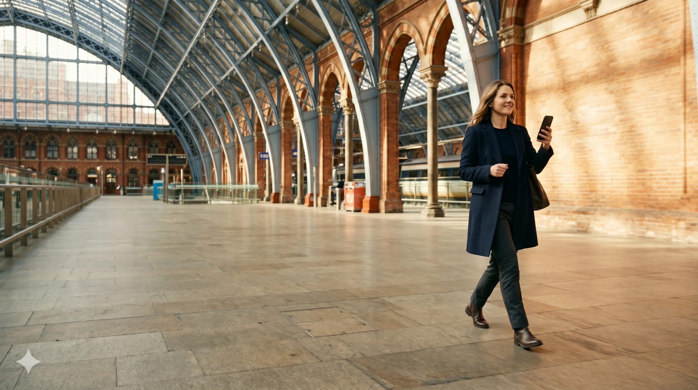 Someone walking through a grand station concourse, phone in hand, capturing as they go