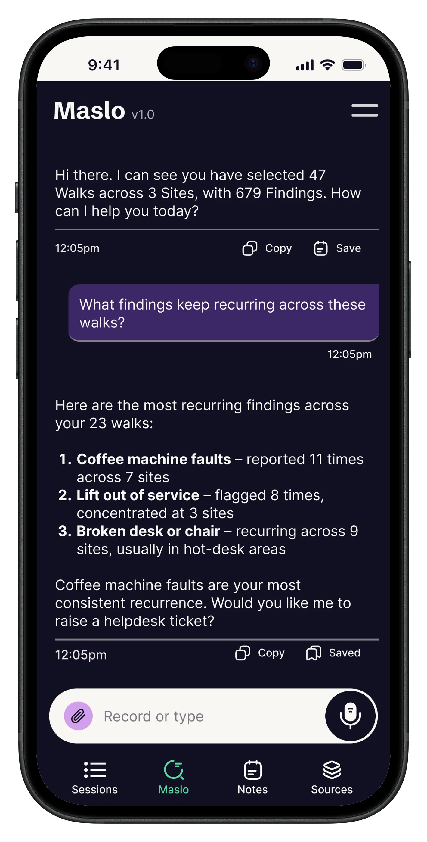Maslo on a phone, showing the most recurring findings across the selected walks in plain language.